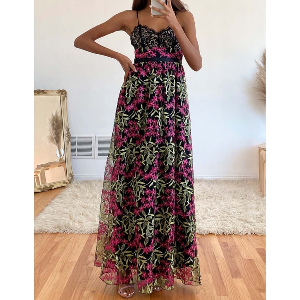 Lulus Divine Delight Floral Embroidered Maxi Dress In Black Multi Size Small